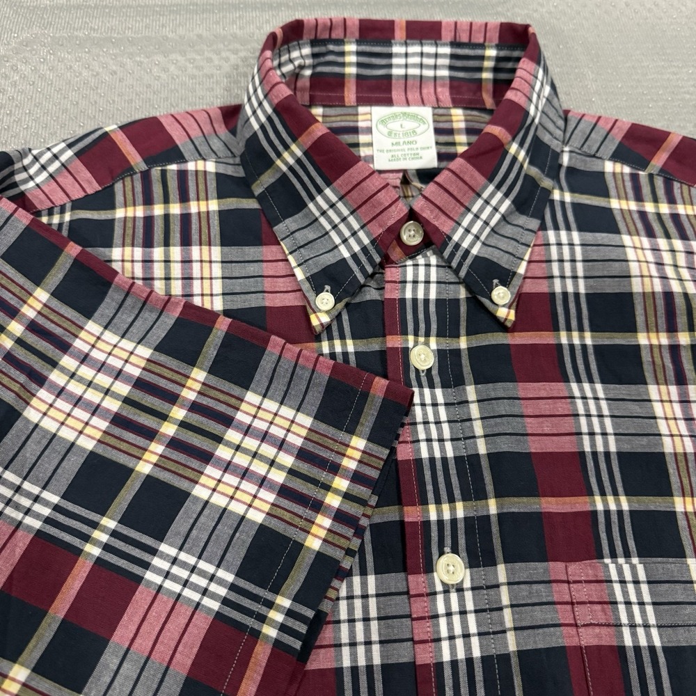 Brooks Brothers the Original Polo Shirt Short Slv Milano Button Red Black Plaid